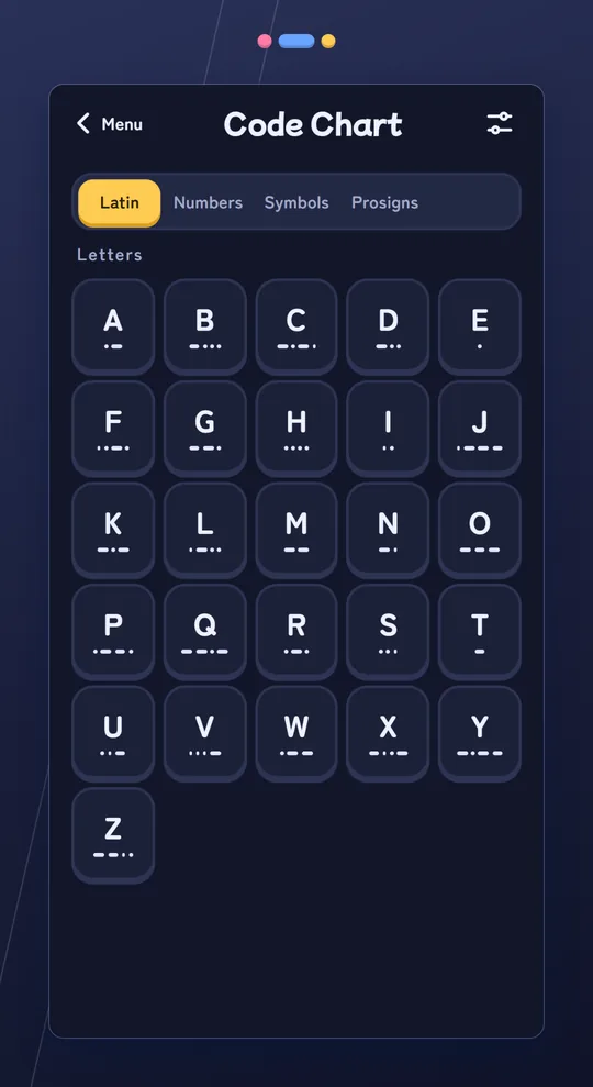Code chart screen